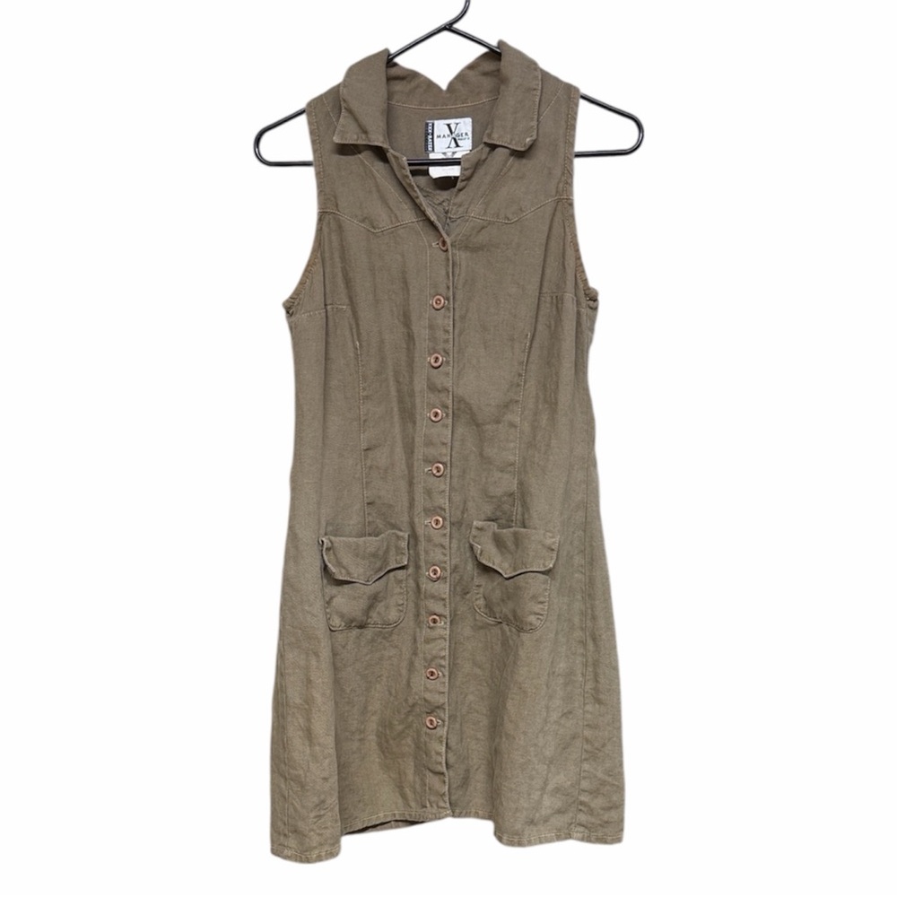 XManager Sleeveless Button-Front Midi Dress in Olive-Taupe linen blend small